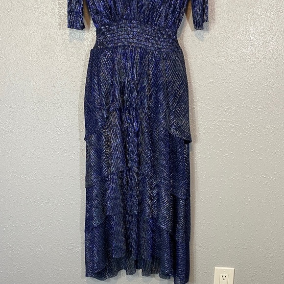 Maje Metallic Blues/Black & Silver Tiered V-Neck Midi Dress - Picture 5 of 10